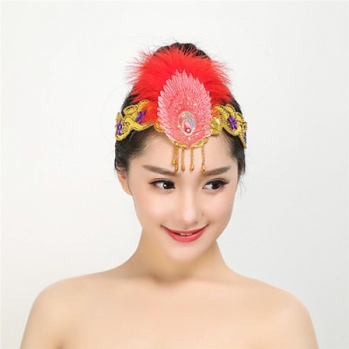 Women's  girls modern dance feather headdress classical ancient traditional square dance fairy drama style dance hair accessories